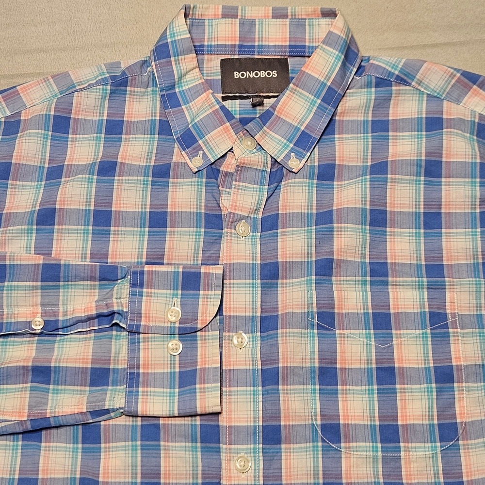 Bonobos Button Down Shirt Mens L Slim Fit Blue Pink Plaid Cotton 23237-BNC80
